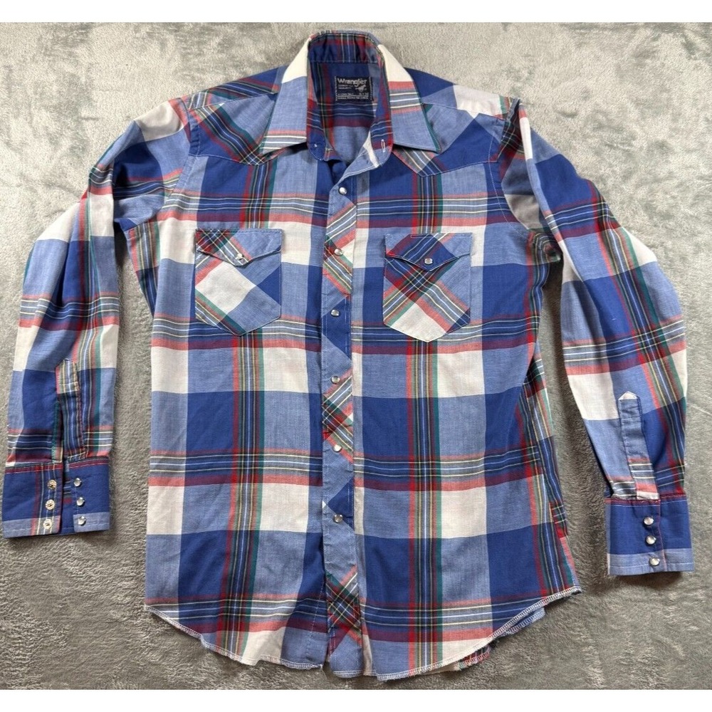 Vintage Wrangler Western Shirt Mens 16x34 Pearl Snap Plaid Cowboy Rodeo